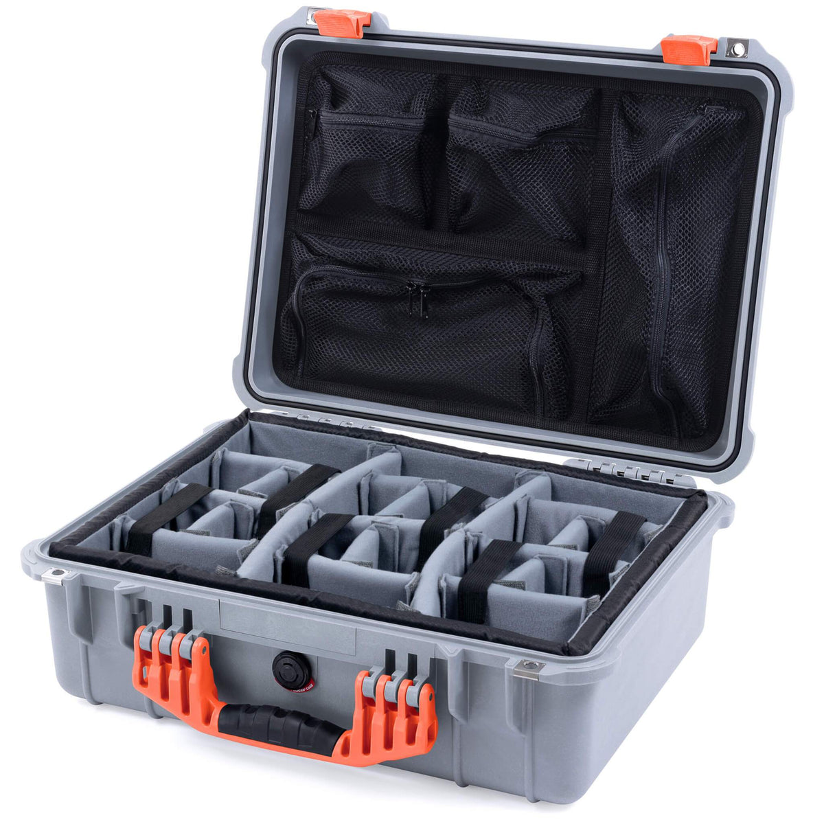 Pelican 1520 Case, Silver with Orange Handle &amp; Latches Gray Padded Microfiber Dividers with Mesh Lid Organizer ColorCase 015200-0170-180-150