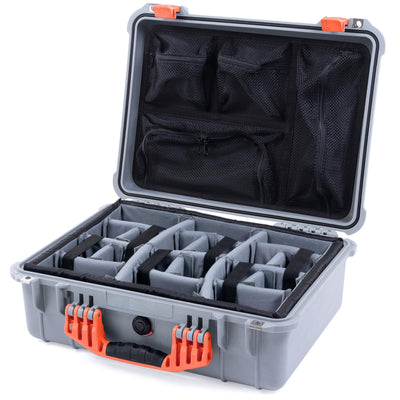 Pelican 1520 Case, Silver with Orange Handle & Latches Gray Padded Microfiber Dividers with Mesh Lid Organizer ColorCase 015200-0170-180-150