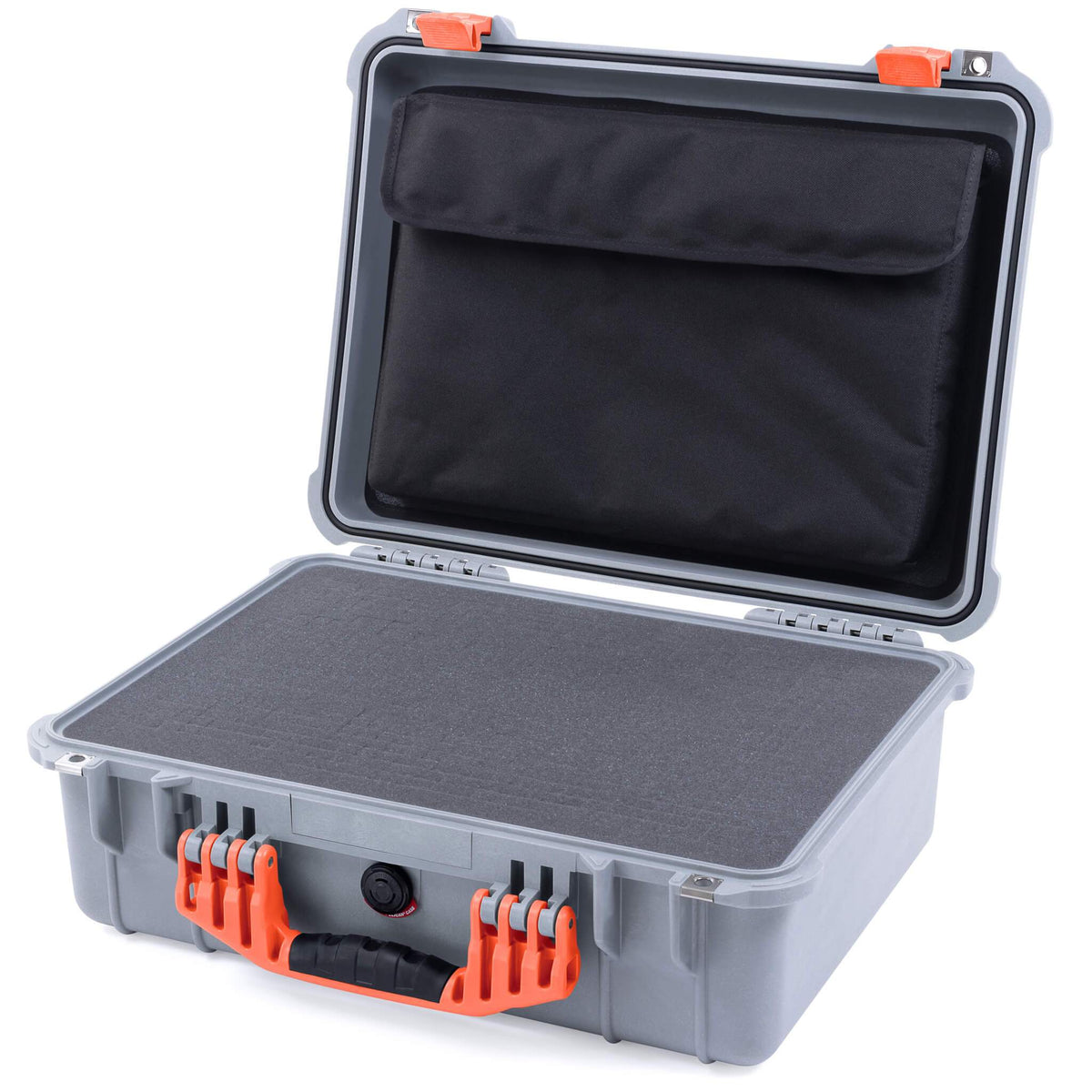 Pelican 1520 Case, Silver with Orange Handle &amp; Latches Pick &amp; Pluck Foam with Computer Pouch ColorCase 015200-0201-180-150
