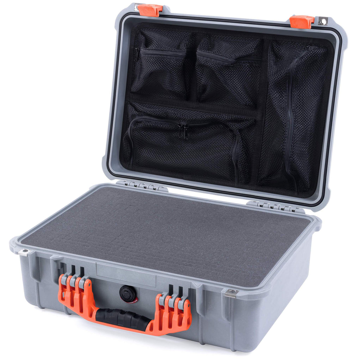 Pelican 1520 Case, Silver with Orange Handle &amp; Latches Pick &amp; Pluck Foam with Mesh Lid Organizer ColorCase 015200-0101-180-150