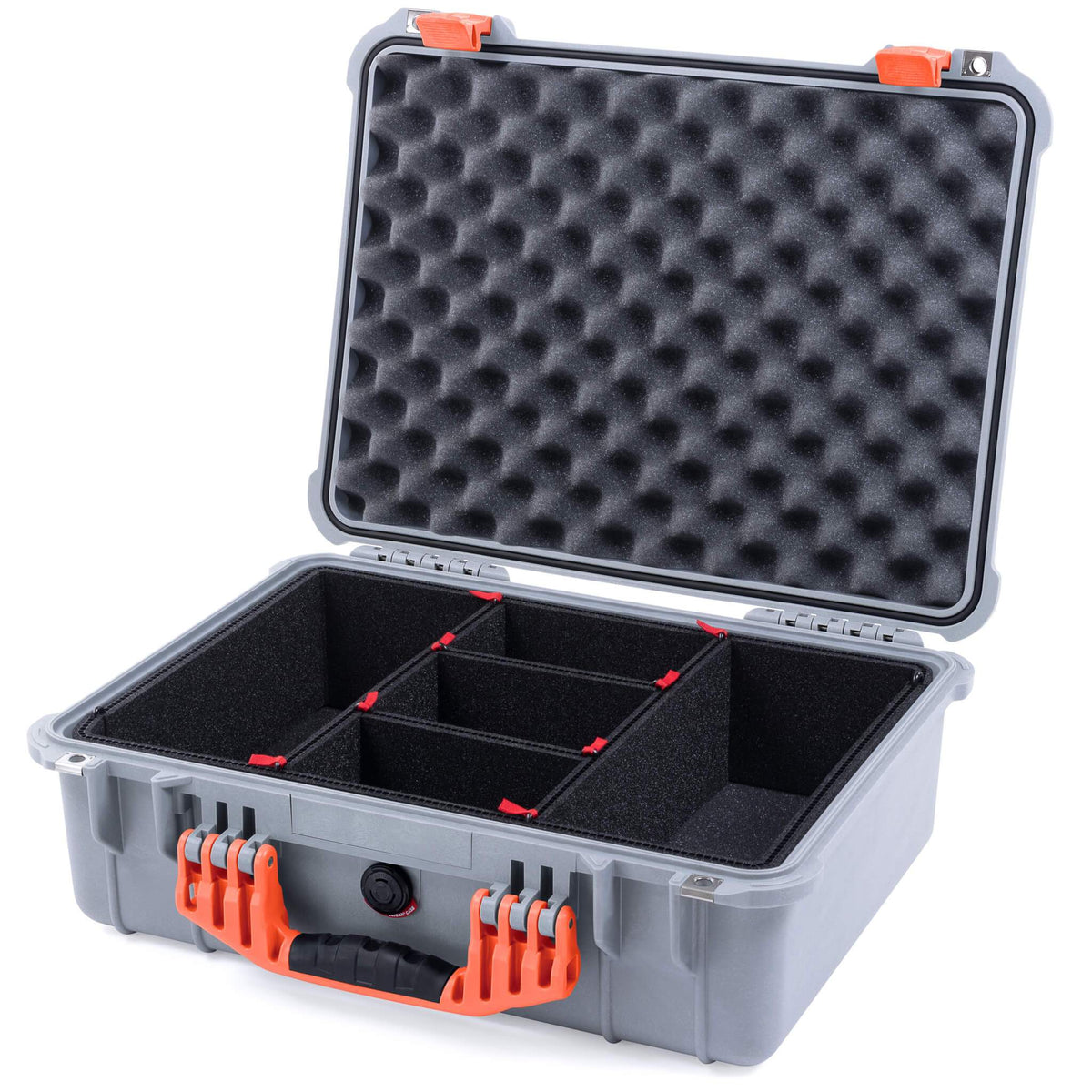Pelican 1520 Case, Silver with Orange Handle &amp; Latches TrekPak Divider System with Convolute Lid Foam ColorCase 015200-0020-180-150
