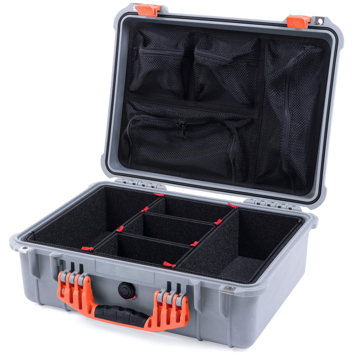 Pelican 1520 Case, Silver with Orange Handle &amp; Latches TrekPak Divider System with Mesh Lid Organizer ColorCase 015200-0120-180-150