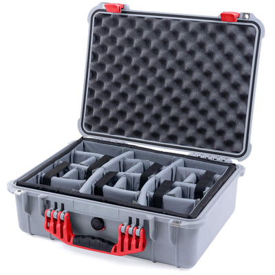 Pelican 1520 Case, Silver with Red Handle & Latches Gray Padded Microfiber Dividers with Convolute Lid Foam ColorCase 015200-0070-180-320