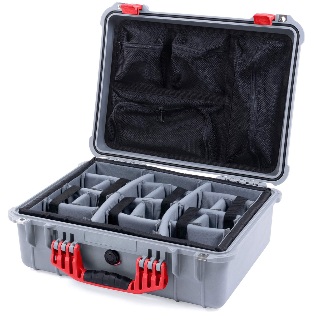 Pelican 1520 Case, Silver with Red Handle &amp; Latches Gray Padded Microfiber Dividers with Mesh Lid Organizer ColorCase 015200-0170-180-320
