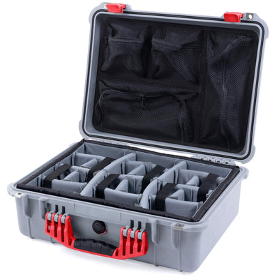 Pelican 1520 Case, Silver with Red Handle & Latches Gray Padded Microfiber Dividers with Mesh Lid Organizer ColorCase 015200-0170-180-320
