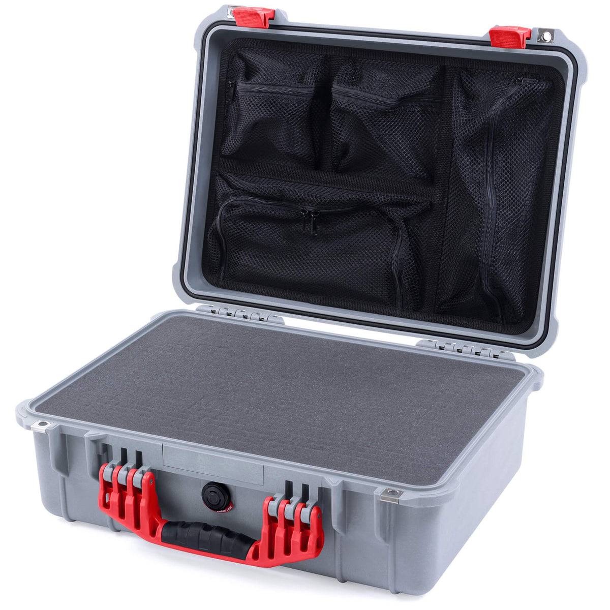 Pelican 1520 Case, Silver with Red Handle &amp; Latches Pick &amp; Pluck Foam with Mesh Lid Organizer ColorCase 015200-0101-180-320