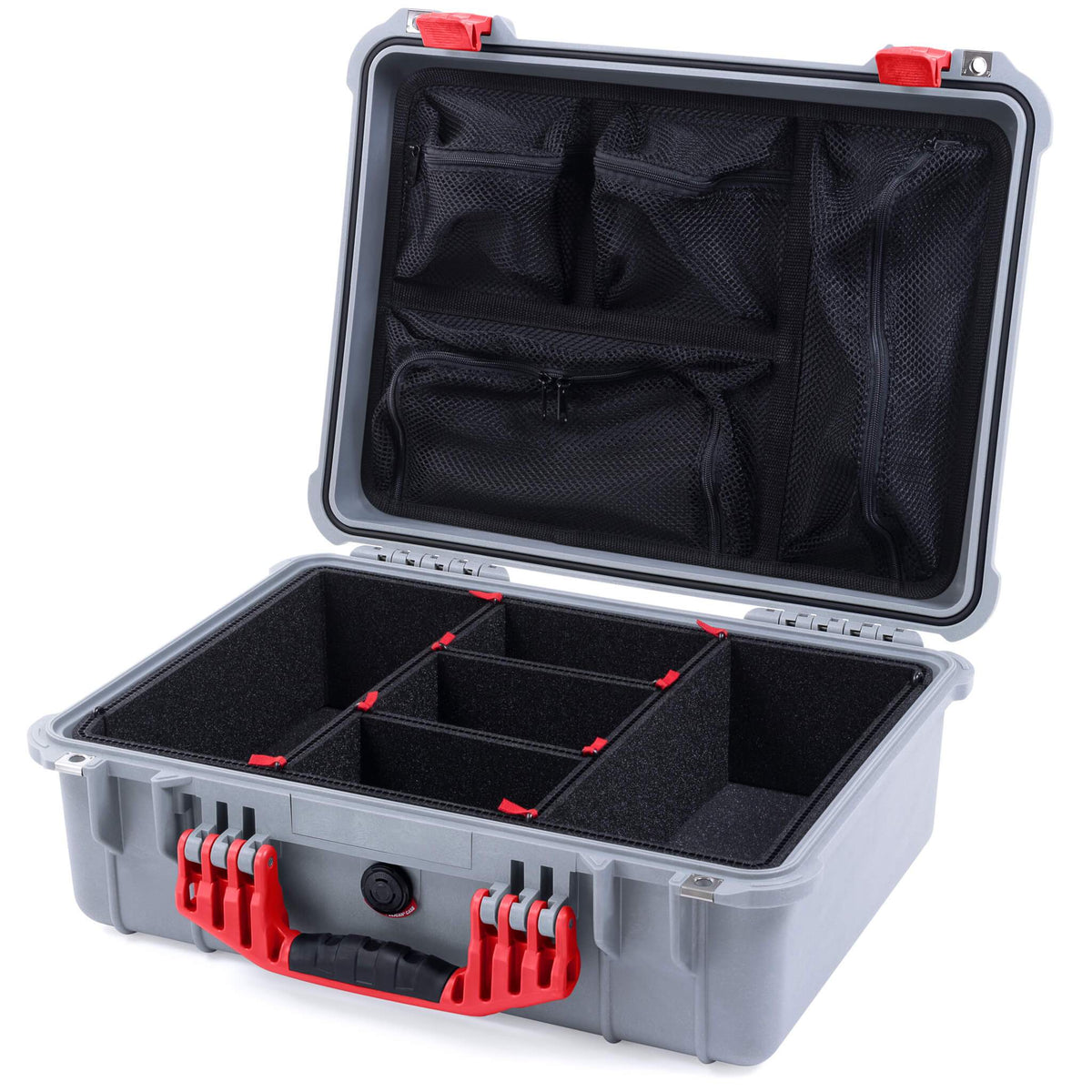 Pelican 1520 Case, Silver with Red Handle &amp; Latches TrekPak Divider System with Mesh Lid Organizer ColorCase 015200-0120-180-320