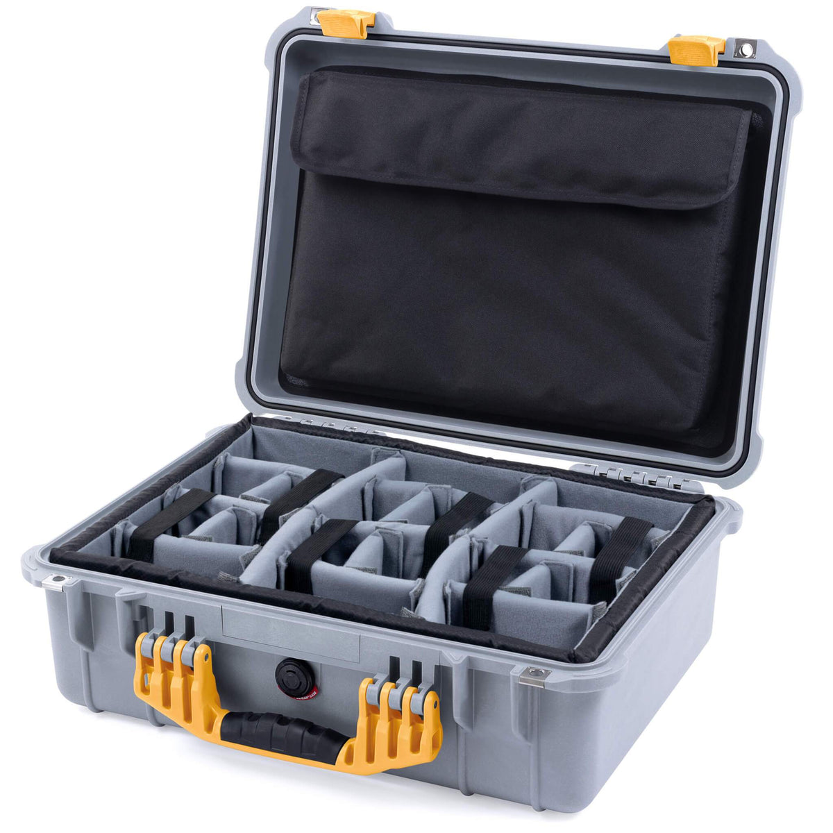 Pelican 1520 Case, Silver with Yellow Handle &amp; Latches Gray Padded Microfiber Dividers with Computer Pouch ColorCase 015200-0270-180-240