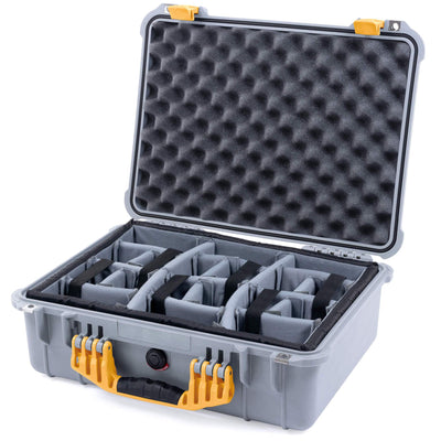 Pelican 1520 Case, Silver with Yellow Handle & Latches Gray Padded Microfiber Dividers with Convolute Lid Foam ColorCase 015200-0070-180-240