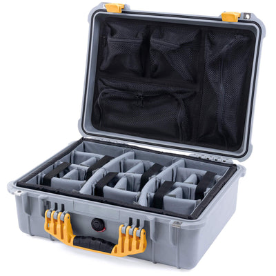 Pelican 1520 Case, Silver with Yellow Handle & Latches Gray Padded Microfiber Dividers with Mesh Lid Organizer ColorCase 015200-0170-180-240