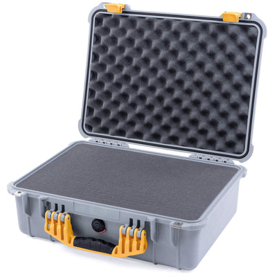 Pelican 1520 Case, Silver with Yellow Handle & Latches Pick & Pluck Foam with Convolute Lid Foam ColorCase 015200-0001-180-240