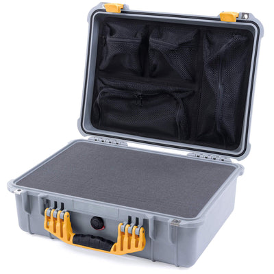 Pelican 1520 Case, Silver with Yellow Handle & Latches Pick & Pluck Foam with Mesh Lid Organizer ColorCase 015200-0101-180-240
