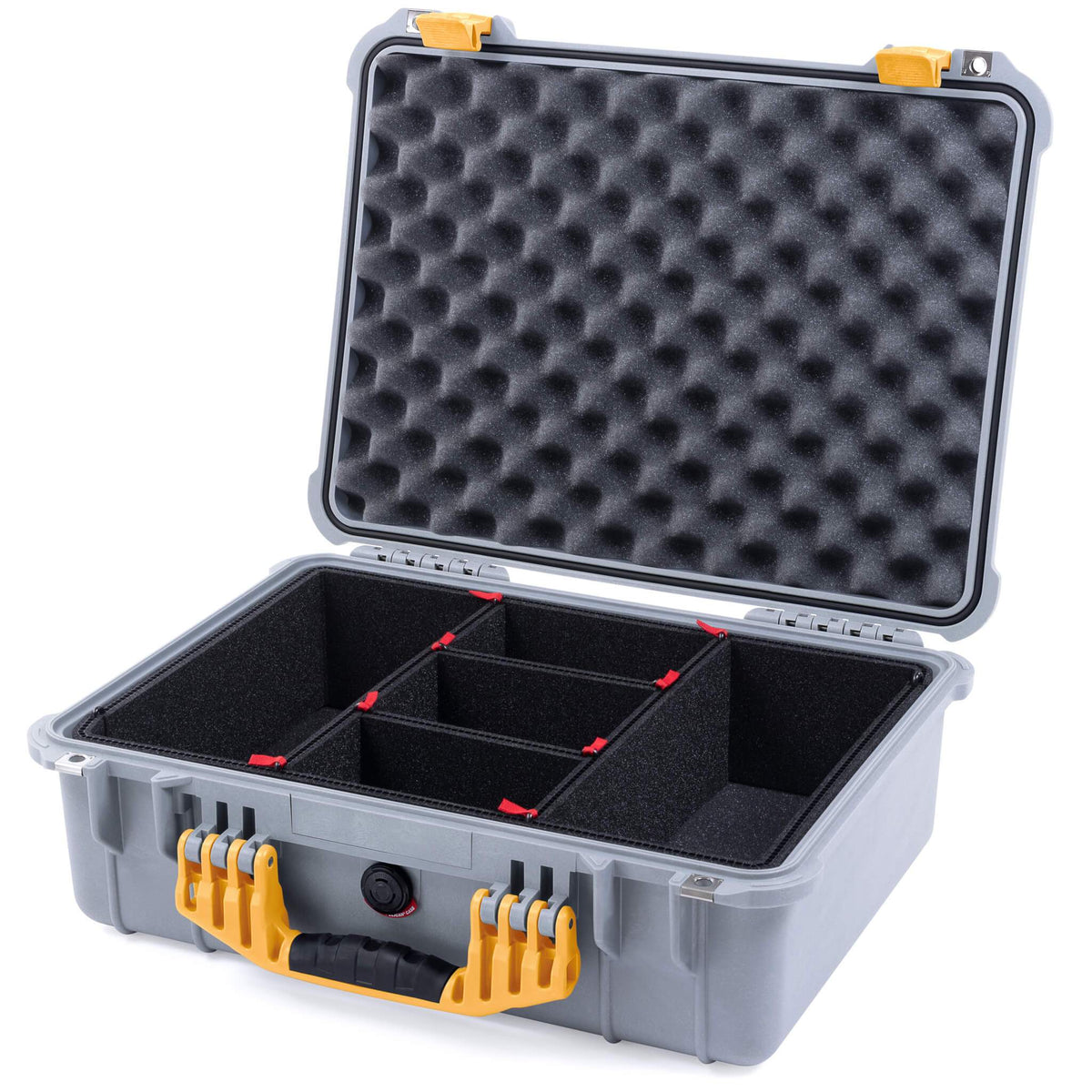Pelican 1520 Case, Silver with Yellow Handle &amp; Latches TrekPak Divider System with Convolute Lid Foam ColorCase 015200-0020-180-240