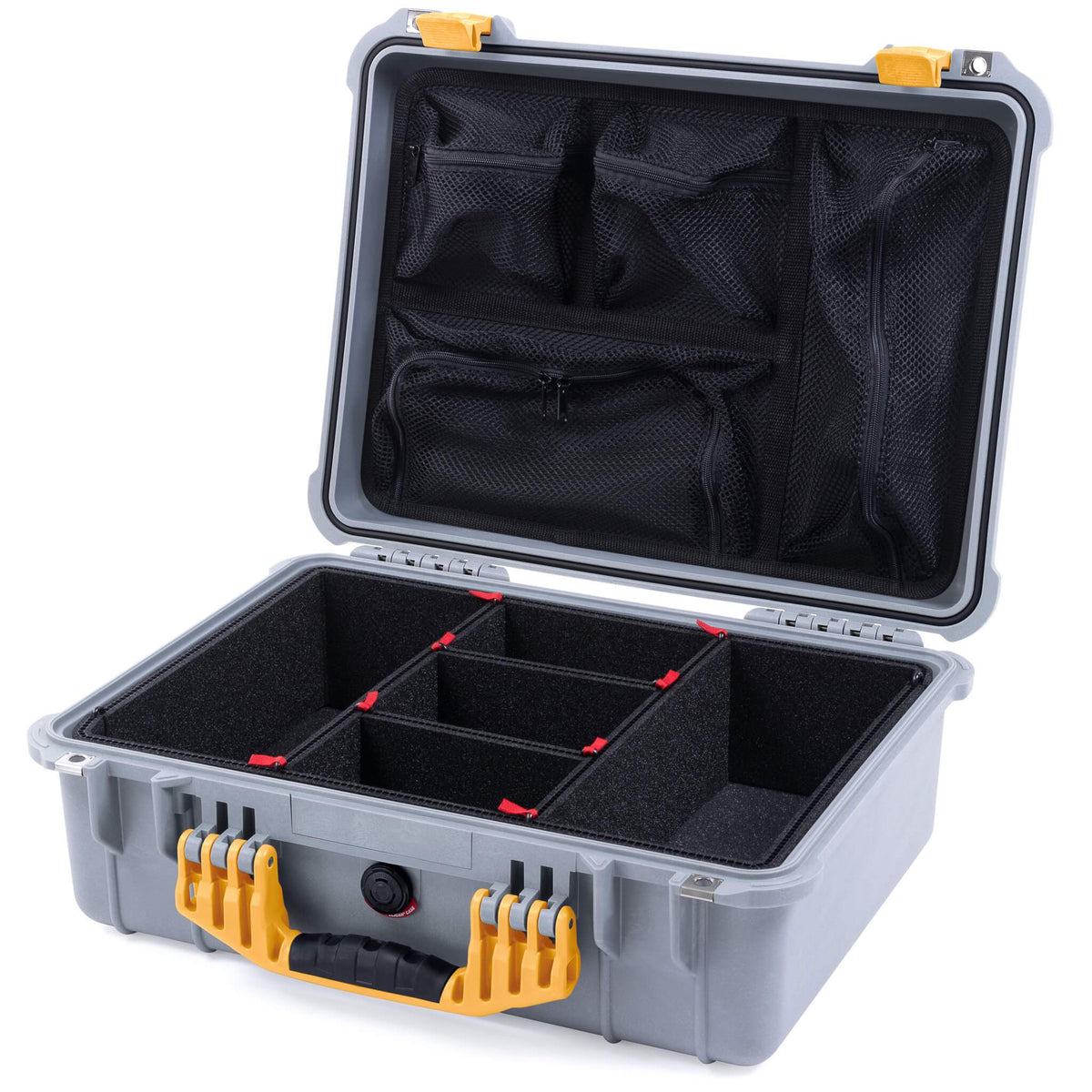 Pelican 1520 Case, Silver with Yellow Handle &amp; Latches TrekPak Divider System with Mesh Lid Organizer ColorCase 015200-0120-180-240