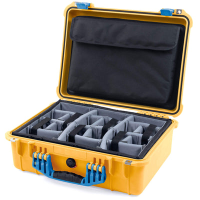 Pelican 1520 Case, Yellow with Blue Handle & Latches Gray Padded Microfiber Dividers with Computer Pouch ColorCase 015200-0270-240-120