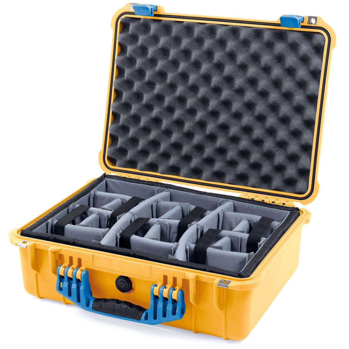 Pelican 1520 Case, Yellow with Blue Handle &amp; Latches Gray Padded Microfiber Dividers with Convolute Lid Foam ColorCase 015200-0070-240-120