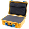 Pelican 1520 Case, Yellow with Blue Handle & Latches Pick & Pluck Foam with Computer Pouch ColorCase 015200-0201-240-120