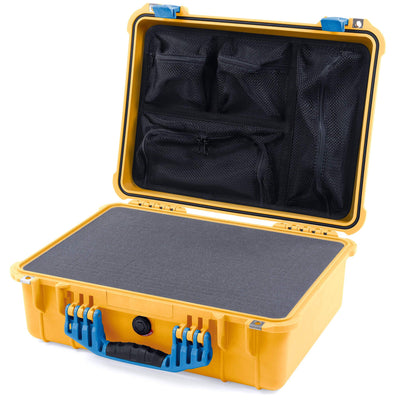 Pelican 1520 Case, Yellow with Blue Handle & Latches Pick & Pluck Foam with Mesh Lid Organizer ColorCase 015200-0101-240-120