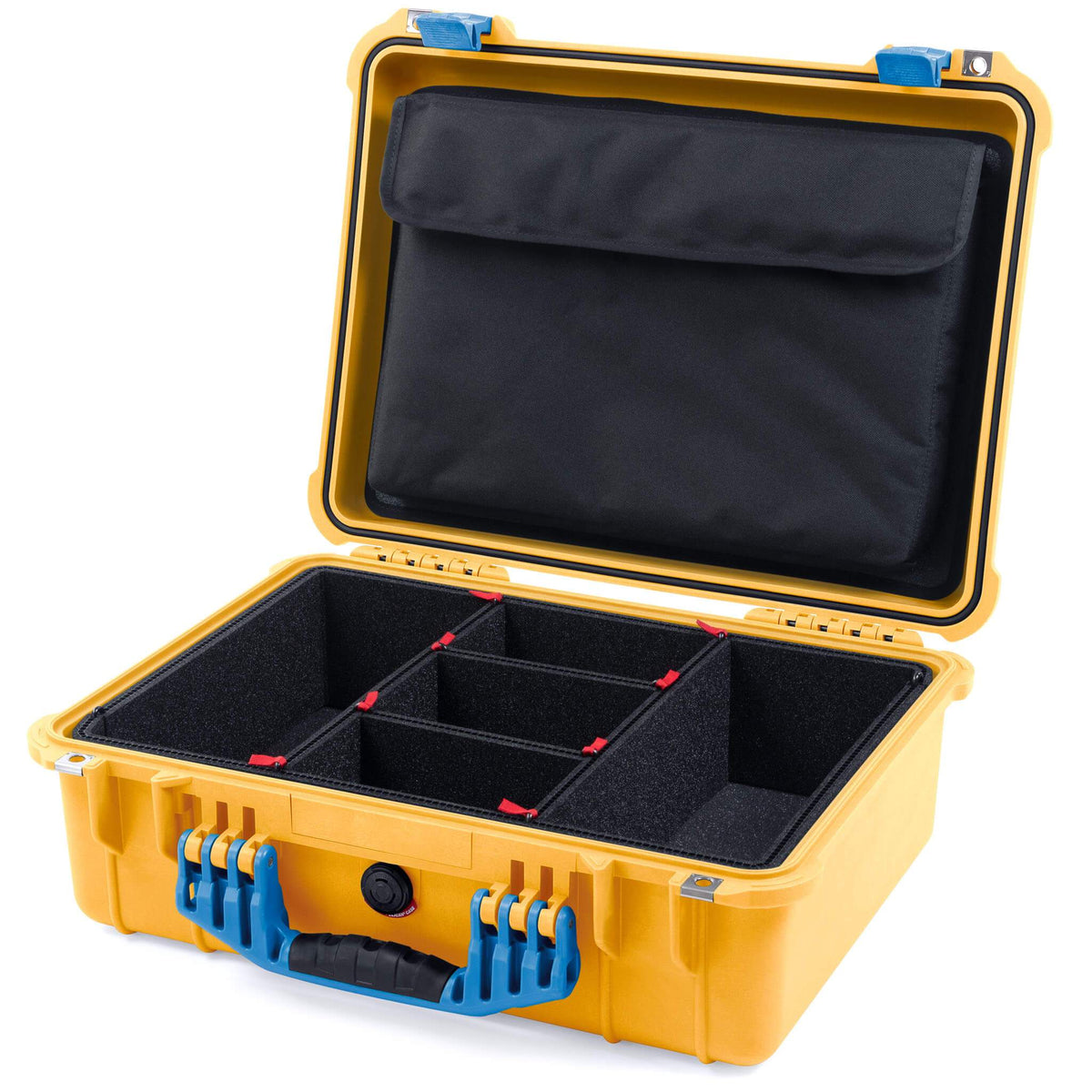 Pelican 1520 Case, Yellow with Blue Handle &amp; Latches TrekPak Divider System with Computer Pouch ColorCase 015200-0220-240-120