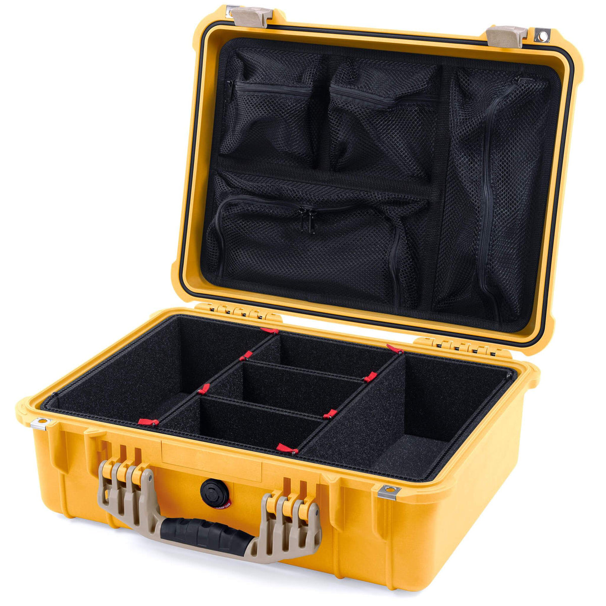 Pelican 1520 Case, Yellow with Desert Tan Handle &amp; Latches TrekPak Divider System with Mesh Lid Organizer ColorCase 015200-0120-240-310