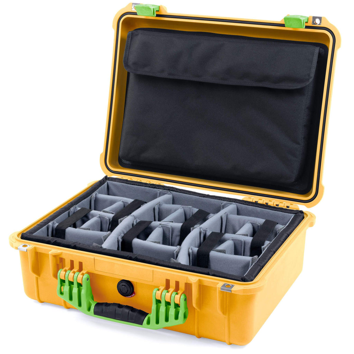 Pelican 1520 Case, Yellow with Lime Green Handle &amp; Latches Gray Padded Microfiber Dividers with Computer Pouch ColorCase 015200-0270-240-300