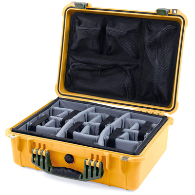 Pelican 1520 Case, Yellow with OD Green Handle & Latches Gray Padded Microfiber Dividers with Mesh Lid Organizer ColorCase 015200-0170-240-130