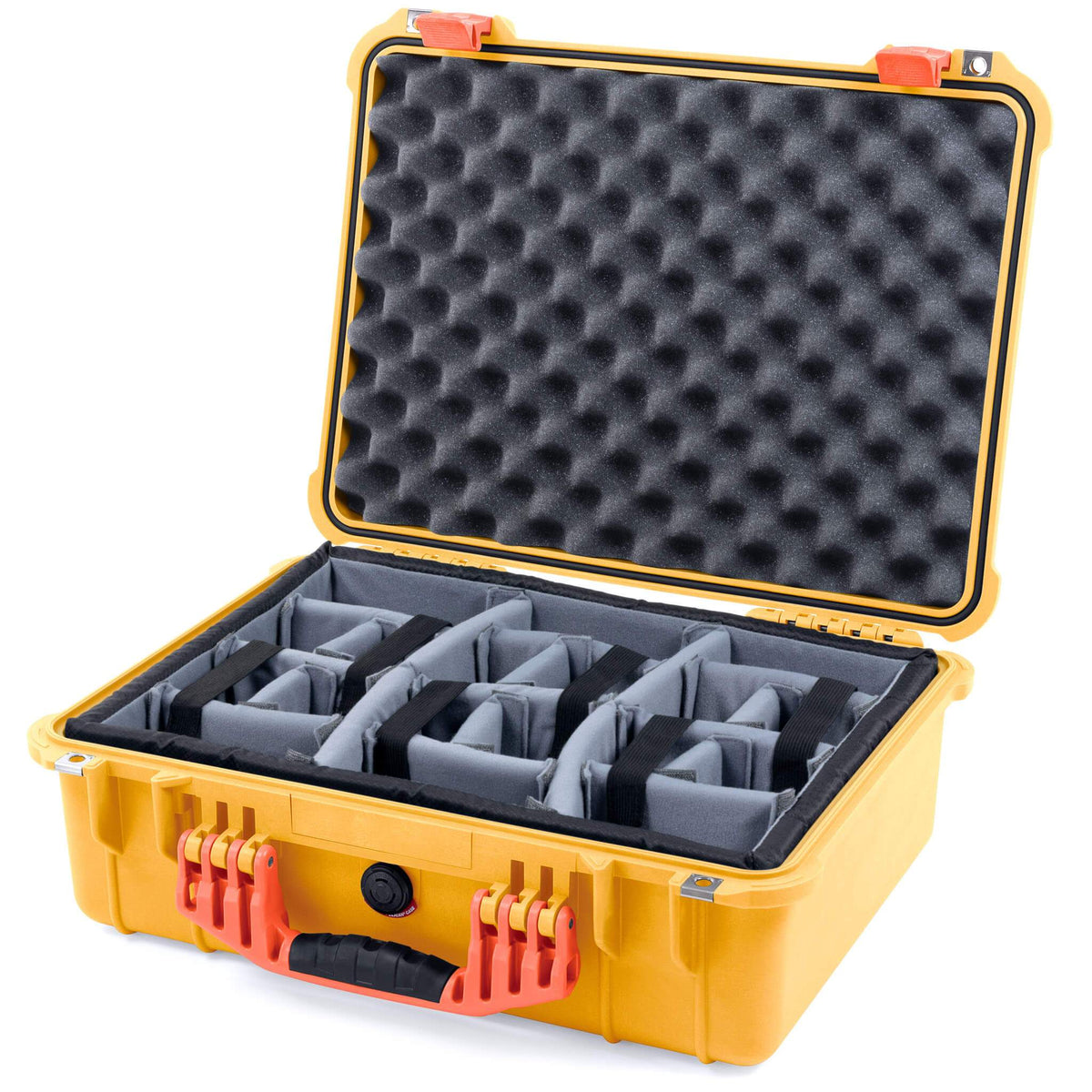 Pelican 1520 Case, Yellow with Orange Handle &amp; Latches Gray Padded Microfiber Dividers with Convolute Lid Foam ColorCase 015200-0070-240-150