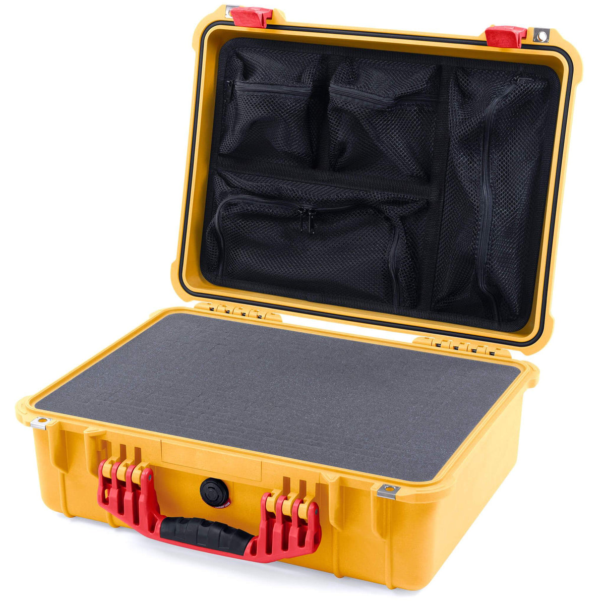Pelican 1520 Case, Yellow with Red Handle &amp; Latches Pick &amp; Pluck Foam with Mesh Lid Organizer ColorCase 015200-0101-240-320