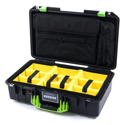 Pelican 1525 Air Case, Black with Lime Green Handle & Latches Yellow Padded Microfiber Dividers with Laptop Computer Pouch ColorCase 015250-0210-110-300
