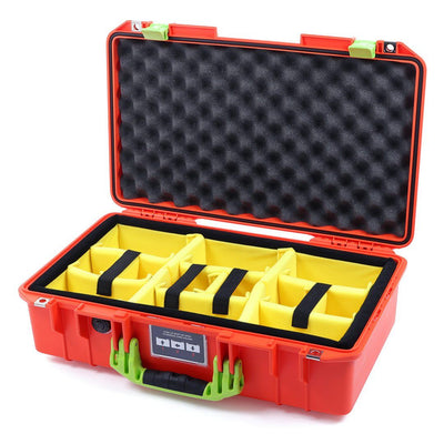 Pelican 1525 Air Case, Orange with Lime Green Handle & Latches Yellow Padded Microfiber Dividers with Convolute Lid Foam ColorCase 015250-0010-150-300