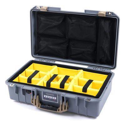 Pelican 1525 Air Case, Silver with Desert Tan Handle & Latches Yellow Padded Microfiber Dividers with Mesh Lid Organizer ColorCase 015250-0110-180-310