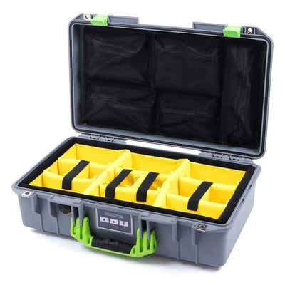 Pelican 1525 Air Case, Silver with Lime Green Handle & Latches Yellow Padded Microfiber Dividers with Mesh Lid Organizer ColorCase 015250-0110-180-300