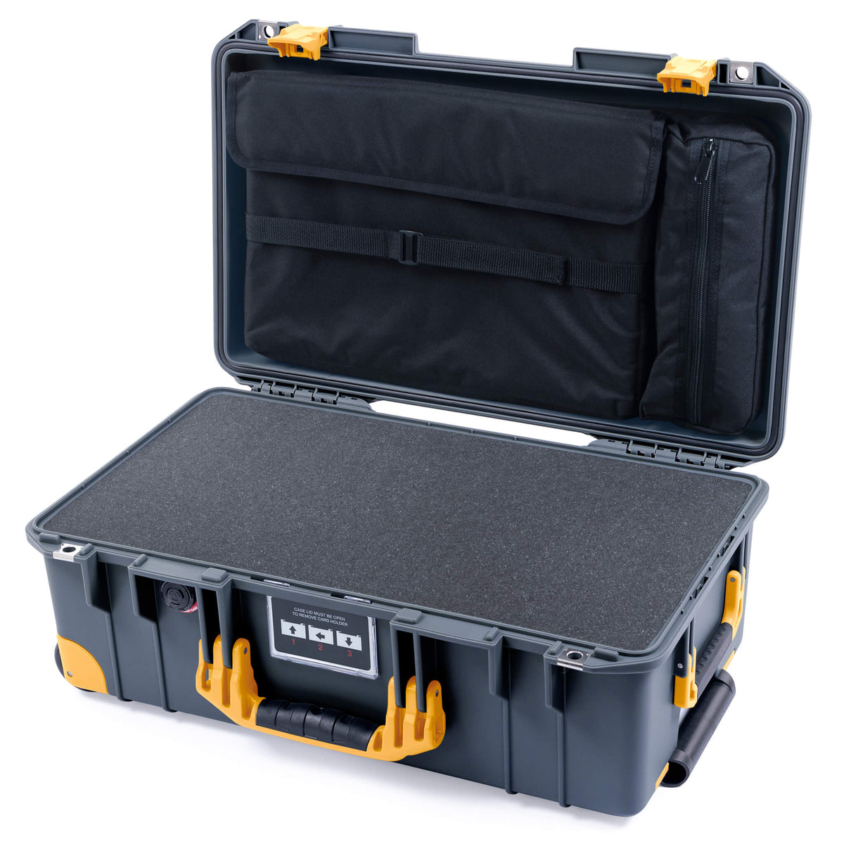 Pelican 1535 Air Case, Charcoal with Yellow Handles, Push-Button Latches &amp; Trolley Pick &amp; Pluck Foam with Computer Pouch ColorCase 015350-0201-520-240-240