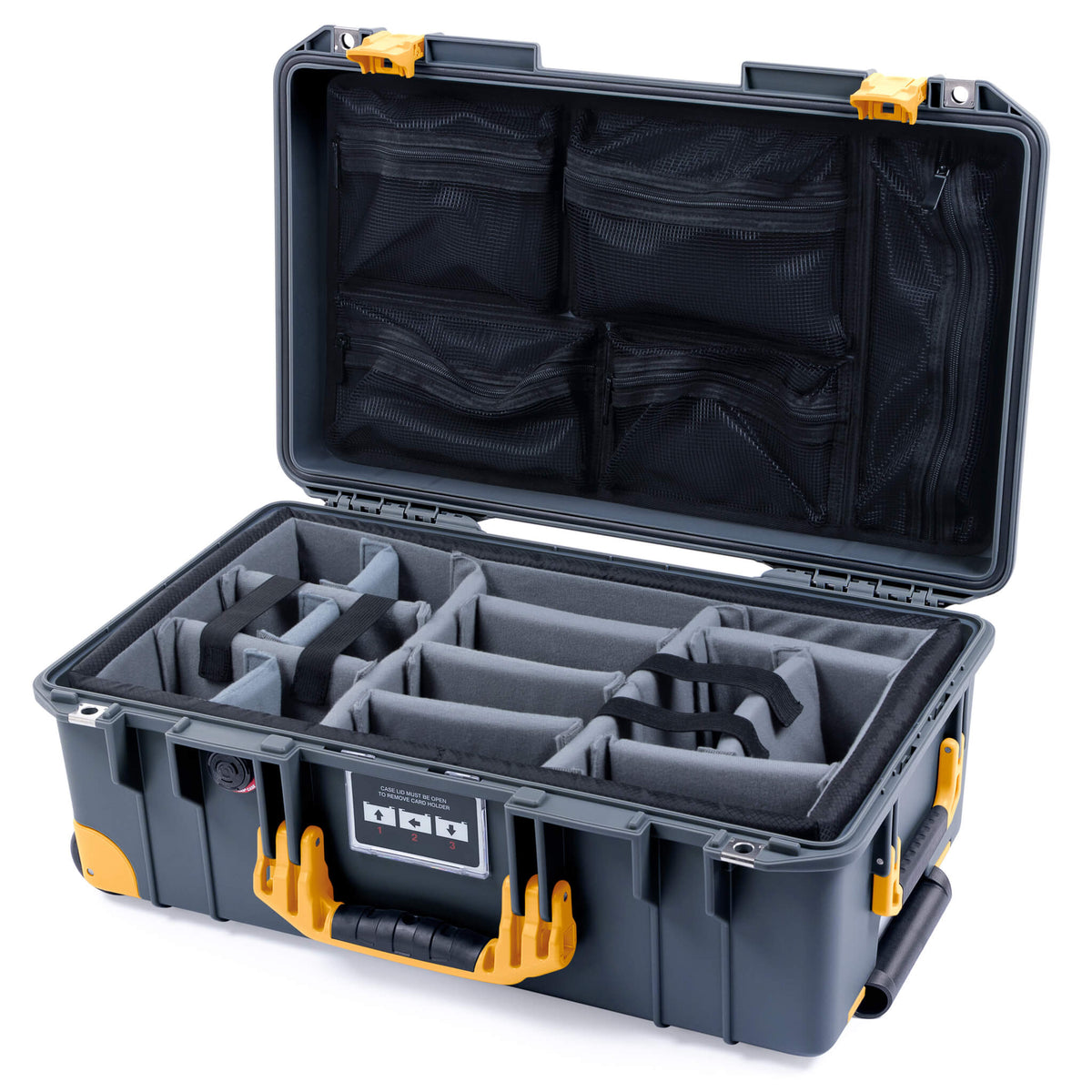 Pelican 1535 Air Case, Charcoal with Yellow Handles, Push-Button Latches &amp; Trolley Gray Padded Microfiber Dividers with Mesh Lid Organizer ColorCase 015350-0170-520-240-240