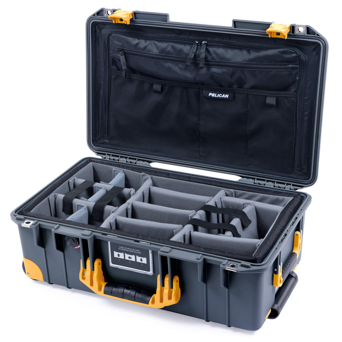 Pelican 1535 Air Case, Charcoal with Yellow Handles, Push-Button Latches &amp; Trolley Gray Padded Microfiber Dividers with Combo-Pouch Lid Organizer ColorCase 015350-0370-520-240-240