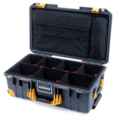 Pelican 1535 Air Case, Charcoal with Yellow Handles, Push-Button Latches & Trolley TrekPak Divider System with Computer Pouch ColorCase 015350-0220-520-240-240
