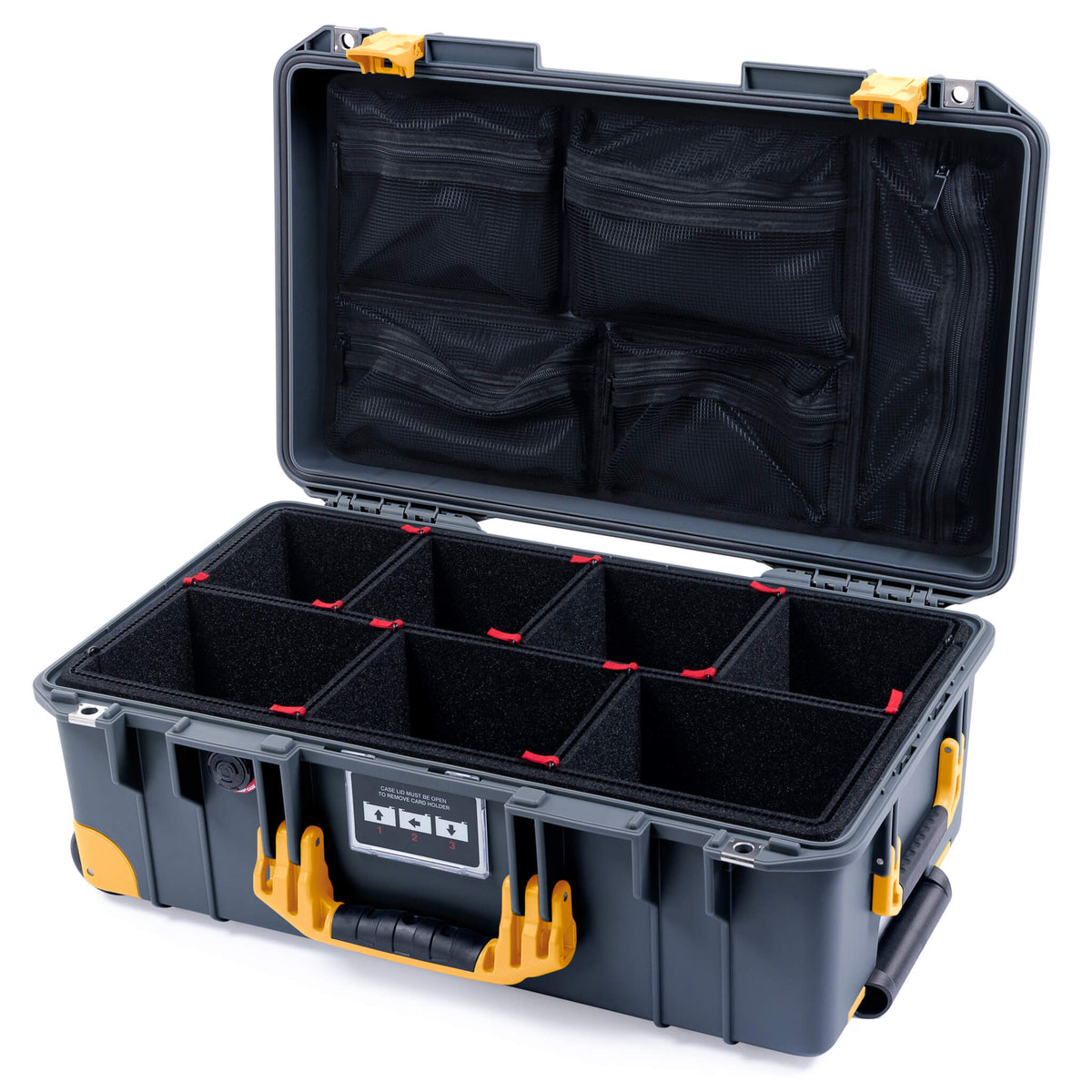 Pelican 1535 Air Case, Charcoal with Yellow Handles, Push-Button Latches &amp; Trolley TrekPak Divider System with Mesh Lid Organizer ColorCase 015350-0120-520-240-240