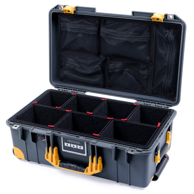 Pelican 1535 Air Case, Charcoal with Yellow Handles, Push-Button Latches & Trolley TrekPak Divider System with Mesh Lid Organizer ColorCase 015350-0120-520-240-240