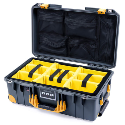 Pelican 1535 Air Case, Charcoal with Yellow Handles, Push-Button Latches & Trolley Yellow Padded Microfiber Dividers with Mesh Lid Organizer ColorCase 015350-0110-520-240-240