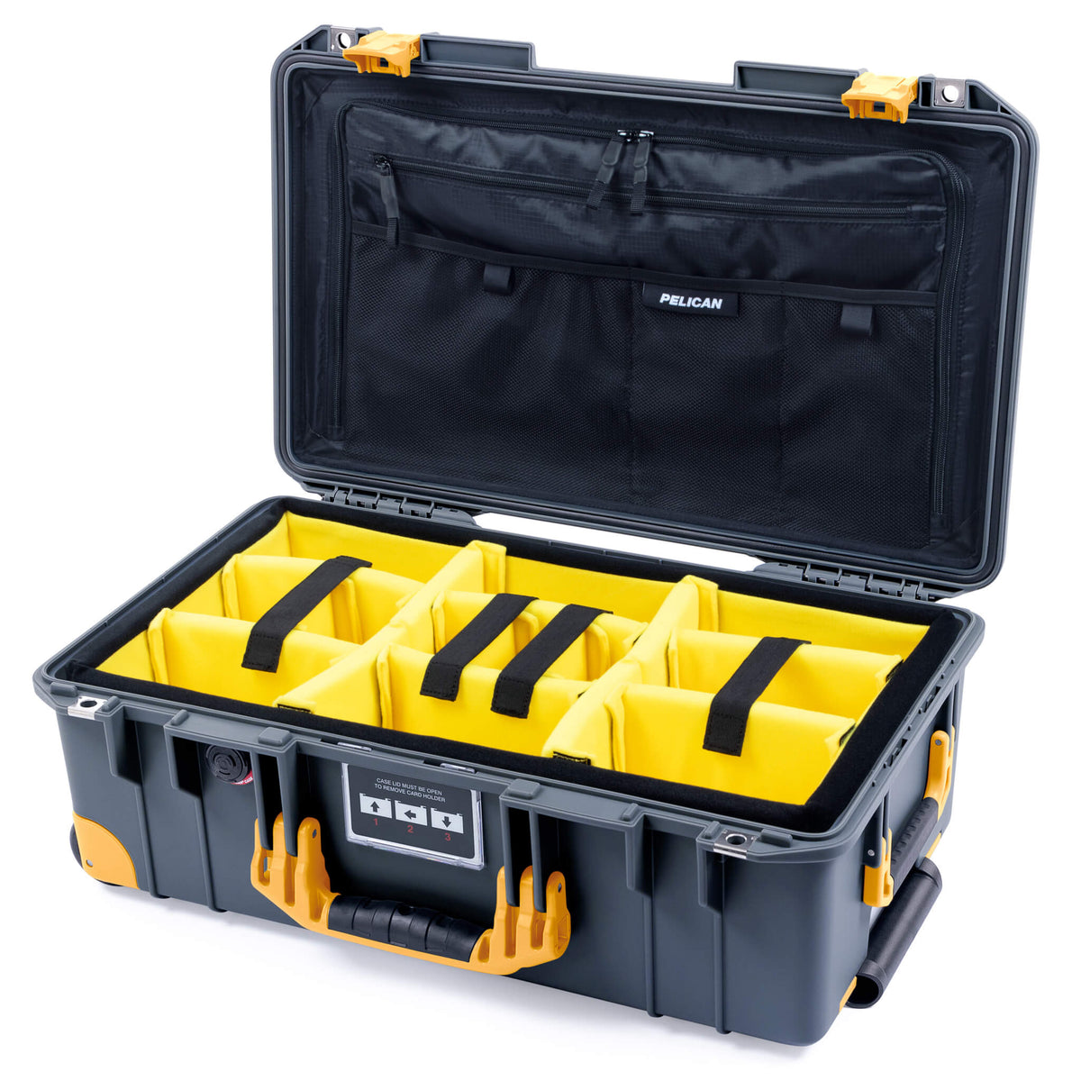 Pelican 1535 Air Case, Charcoal with Yellow Handles, Push-Button Latches &amp; Trolley Yellow Padded Microfiber Dividers with Combo-Pouch Lid Organizer ColorCase 015350-0310-520-240-240