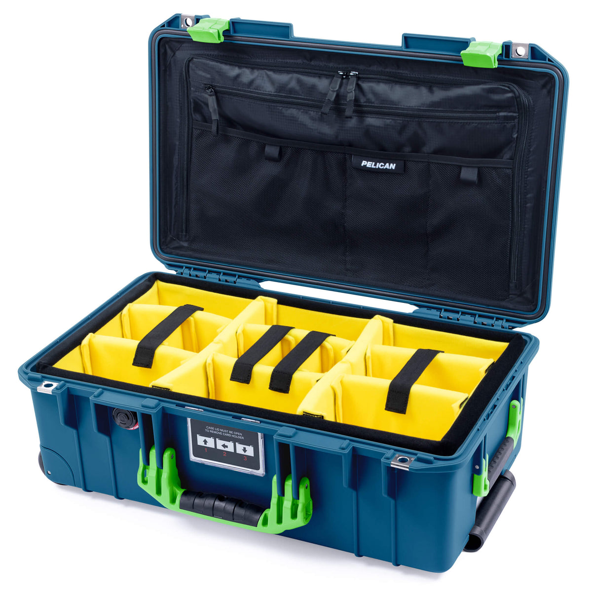 Pelican 1535 Air Case, Indigo with Lime Green Handles &amp; Latches Yellow Padded Microfiber Dividers with Combo-Pouch Lid Organizer ColorCase 015350-0310-500-300-500