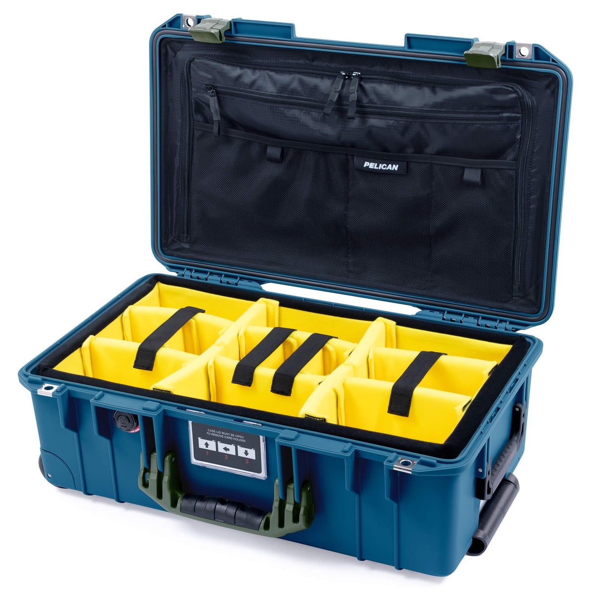 Pelican 1535 Air Case, Indigo with OD Green Handles &amp; Latches Yellow Padded Microfiber Dividers with Combo-Pouch Lid Organizer ColorCase 015350-0310-500-130-500