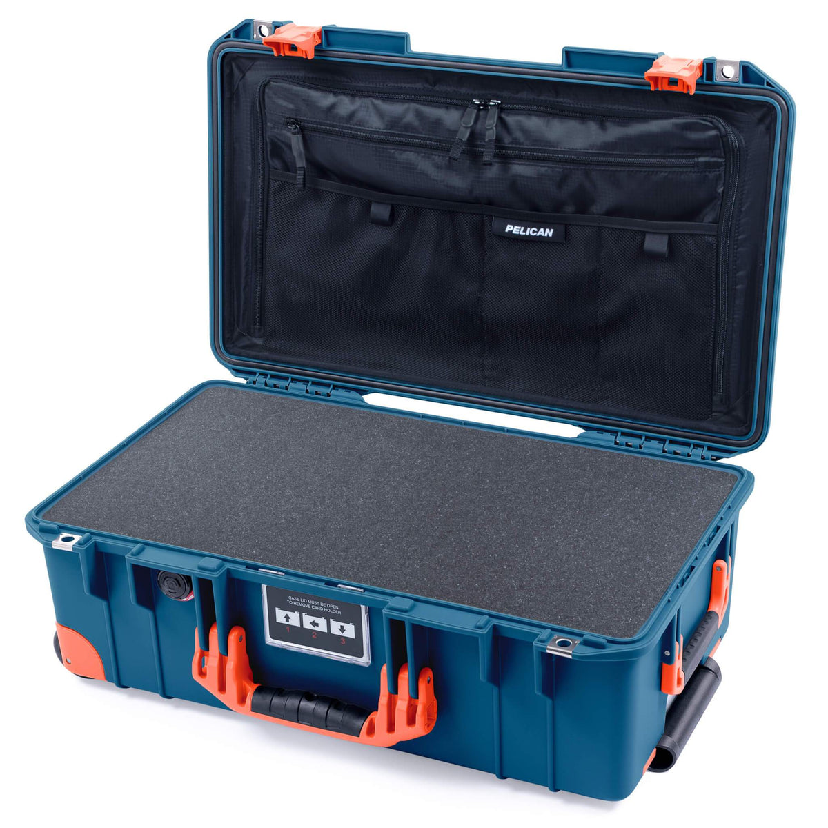 Pelican 1535 Air Case, Indigo with Orange Handles, Push-Button Latches &amp; Trolley Pick &amp; Pluck Foam with Combo-Pouch Lid Organizer ColorCase 015350-0301-500-150-150
