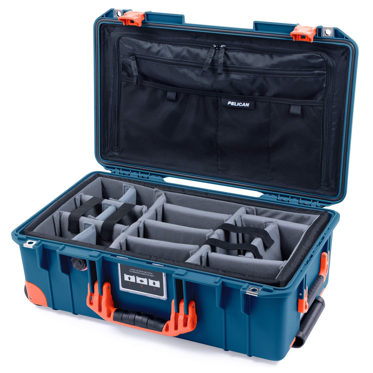 Pelican 1535 Air Case, Indigo with Orange Handles, Push-Button Latches &amp; Trolley Gray Padded Microfiber Dividers with Combo-Pouch Lid Organizer ColorCase 015350-0370-500-150-150