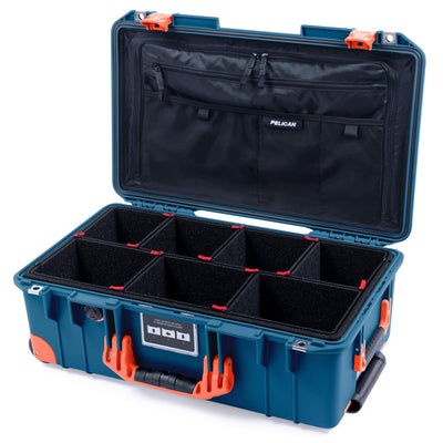 Pelican 1535 Air Case, Indigo with Orange Handles, Push-Button Latches & Trolley TrekPak Divider System with Combo-Pouch Lid Organizer ColorCase 015350-0320-500-150-150