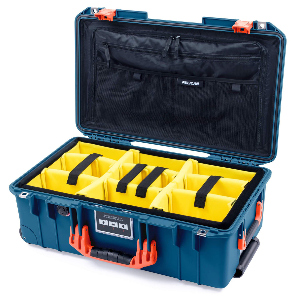 Pelican 1535 Air Case, Indigo with Orange Handles &amp; Push-Button Latches Yellow Padded Microfiber Dividers with Combo-Pouch Lid Organizer ColorCase 015350-0310-500-150-500