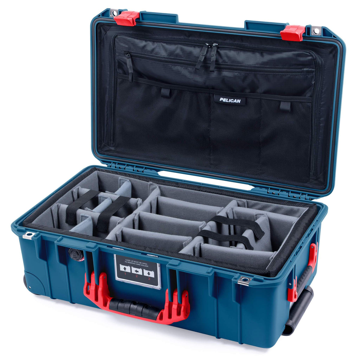 Pelican 1535 Air Case, Indigo with Red Handles &amp; Latches Gray Padded Microfiber Dividers with Combo-Pouch Lid Organizer ColorCase 015350-0370-500-320-500