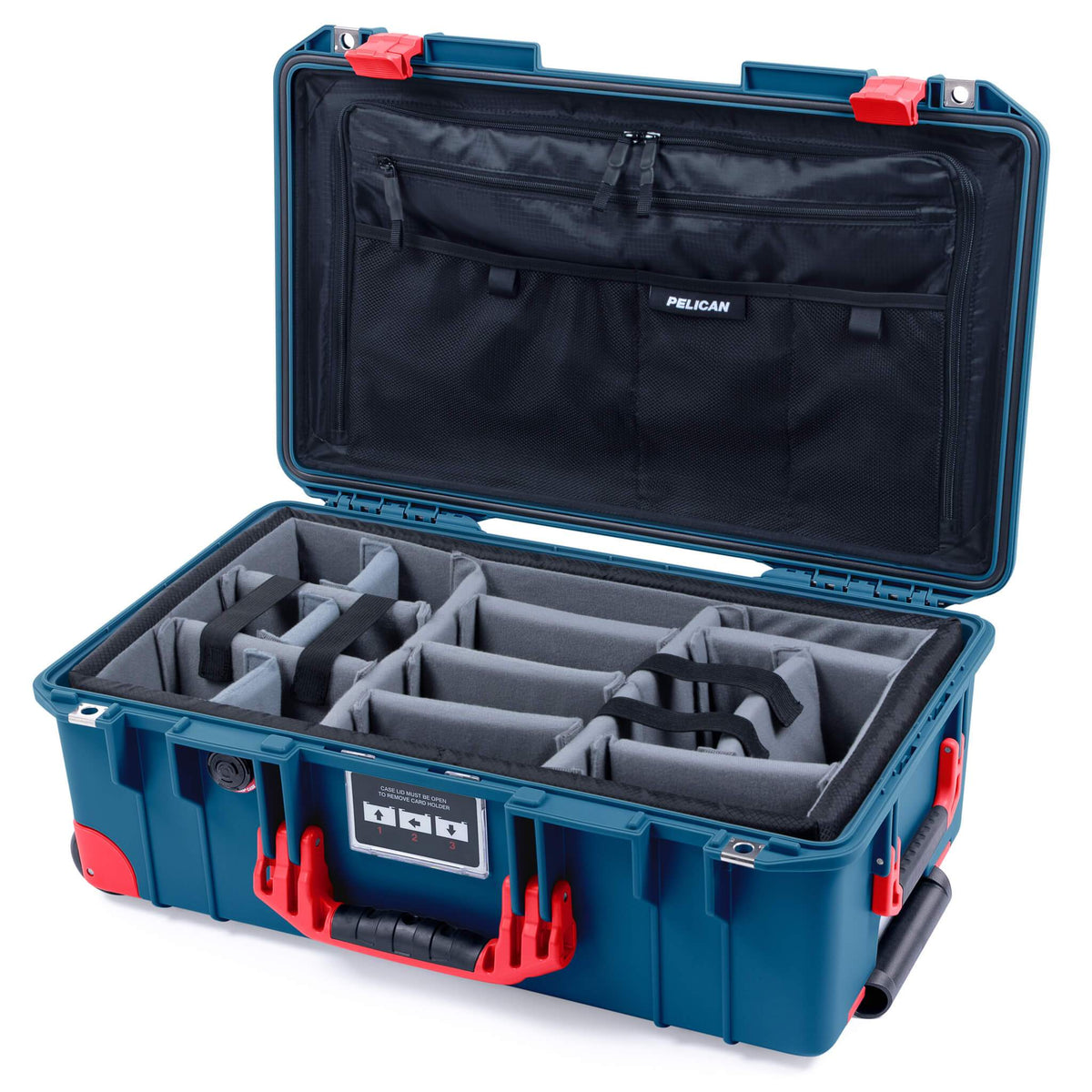 Pelican 1535 Air Case, Indigo with Red Handles, Latches &amp; Trolley Gray Padded Microfiber Dividers with Combo-Pouch Lid Organizer ColorCase 015350-0370-500-320-300