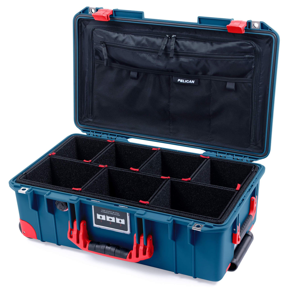 Pelican 1535 Air Case, Indigo with Red Handles, Latches &amp; Trolley TrekPak Divider System with Combo-Pouch Lid Organizer ColorCase 015350-0320-500-320-300