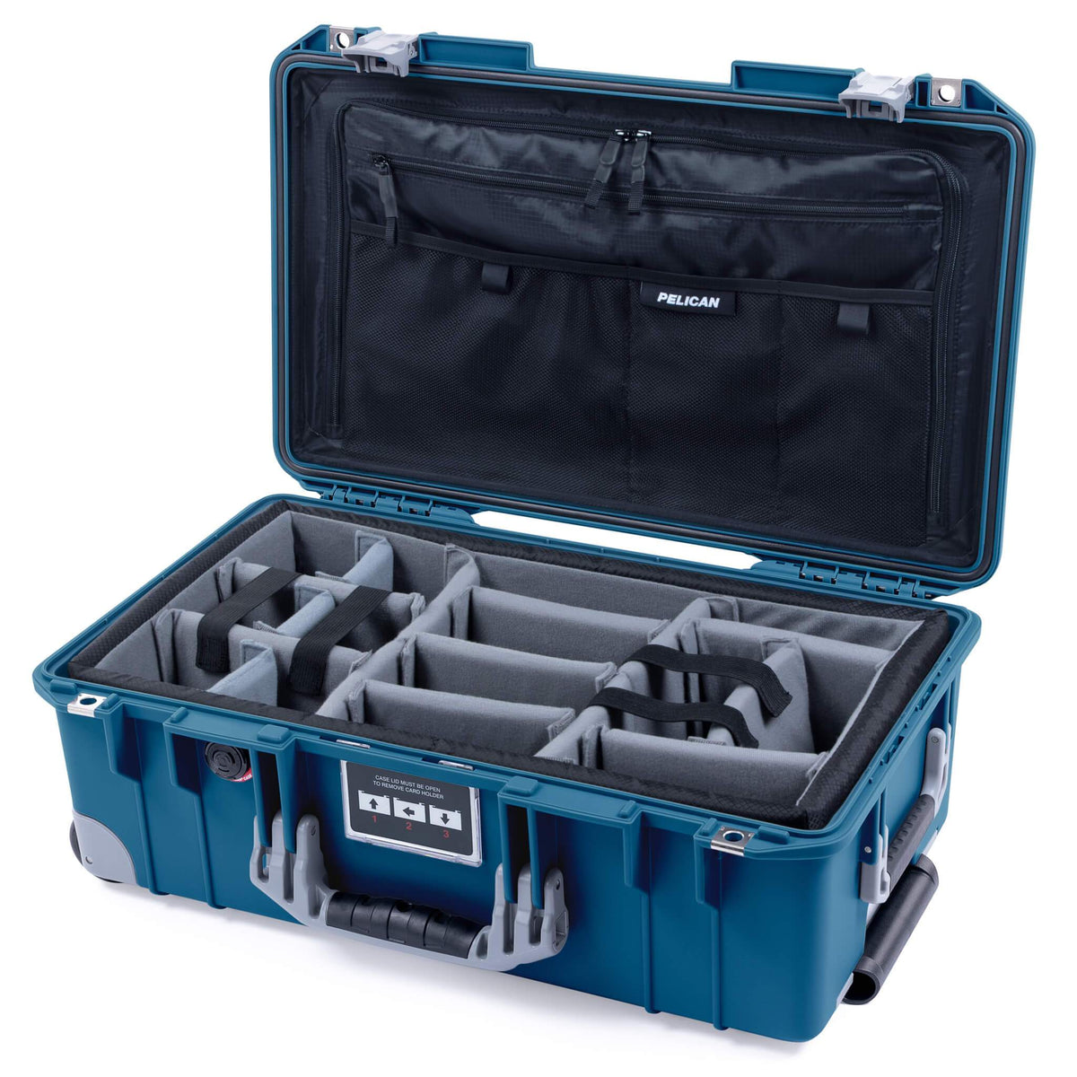 Pelican 1535 Air Case, Indigo with Silver Handles, Push-Button Latches &amp; Trolley Gray Padded Microfiber Dividers with Combo-Pouch Lid Organizer ColorCase 015350-0370-500-180-180
